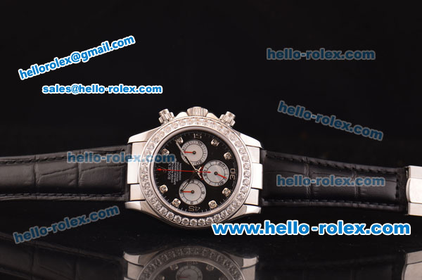 Rolex Daytona Swiss Valjoux 7750-SHG Automatic Diamond Bezel with Black Dial and Black Leather Strap - Click Image to Close